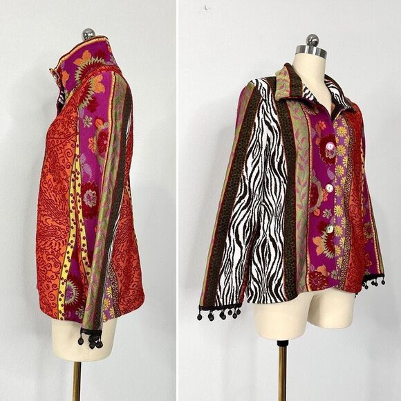 Azuleros NWT French Boho Jacquard Knit Jacket M Mix Print Flora Zebra Statement - Picture 3 of 16